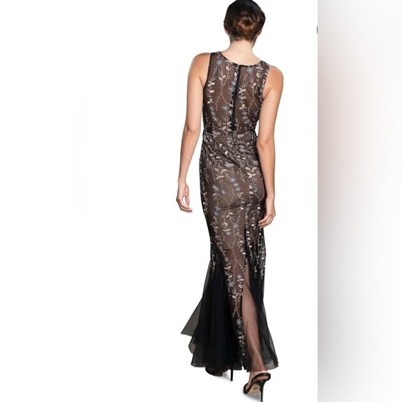DRESS THE POPULATION Selena Floral Embroidered Plunging Sheer Panel Godet Dress - Picture 3 of 15